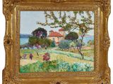 an oil painting of a house on a hill with a view of the ocean