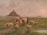 tableau représentant un troupeau de moutons dans un champ, avec un château en arrière-plan