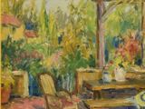 an oil painting of a patio with a table and chairs