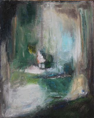 une peinture à l'huile représentant une femme assise sur un lit dans une pièce sombre