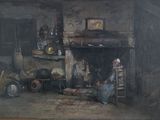 a painting of a woman sitting in front of a fire place