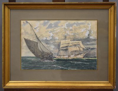 tableau représentant un voilier en pleine mer, avec des nuages en arrière-plan