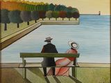 un tableau représentant un couple assis sur un banc au bord de l'eau