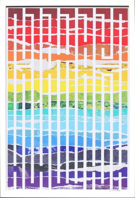 painting of a multicolored painting of a rainbow and a white frame