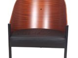 an image of a wooden chair with black leather seat
