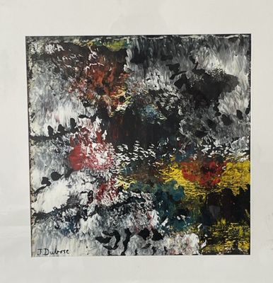 abstract painting of black, white, red, yellow, and green colors