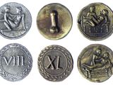 six pièces de monnaie romaines anciennes portant des chiffres romains