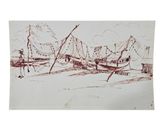 a drawing of a boat on the shore of the water
