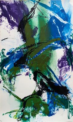 peinture abstraite dans des tons de bleu, de vert et de violet sur fond blanc