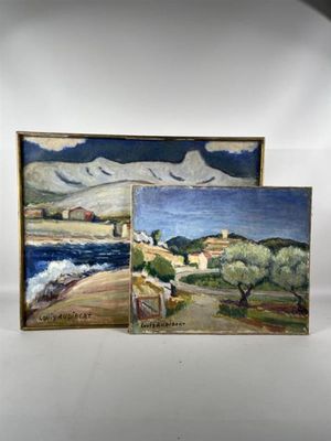 two paintings of a landscape with mountains in the background and a lake in the foreground