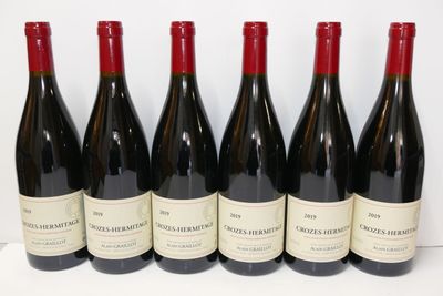 six bouteilles de vin rouge sont alignées sur une surface blanche