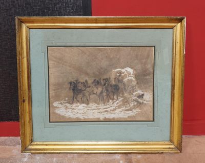 tableau représentant un groupe de chevaux dans un paysage enneigé, avec un mur rouge en arrière-plan