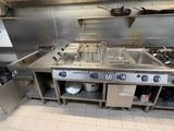 a large stainless steel kitchen with a lot of cooking equipment