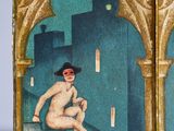a small box with a painting of a woman sitting on a ledge