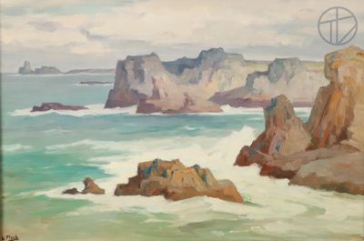 painting of a painting of a rocky coast with a lighthouse in the distance