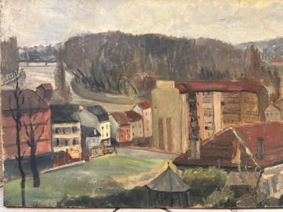 painting of a view of a town with a river in the background
