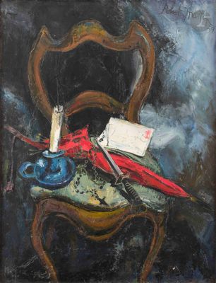 painting of a painting of a chair with a guitar and a note on it