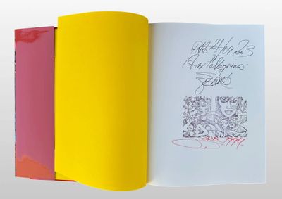 an open book with a drawing of two people on it