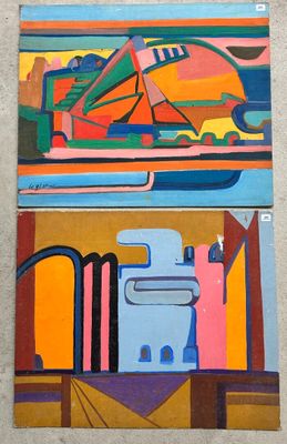 two paintings of a boat and a boat on a wall