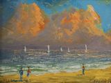 a painting of people walking on the beach by the water