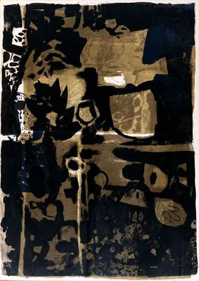 an image of a black and gold painting on a white wall