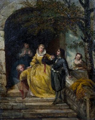 an image of a painting of a group of people sitting on steps