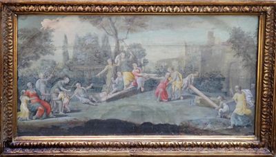 un vieux tableau représentant un groupe de personnes jouant avec un chien