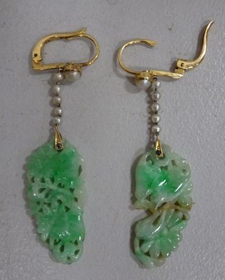 pair of green jade and pearl earrings on gold plated hooks