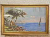 a painting of a sailboat on the water near a palm tree