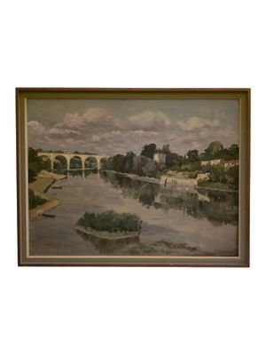 tableau représentant un pont au-dessus d'une rivière, avec un autre pont en arrière-plan