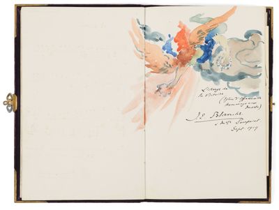 un livre ouvert sur lequel est dessiné un oiseau et des fleurs