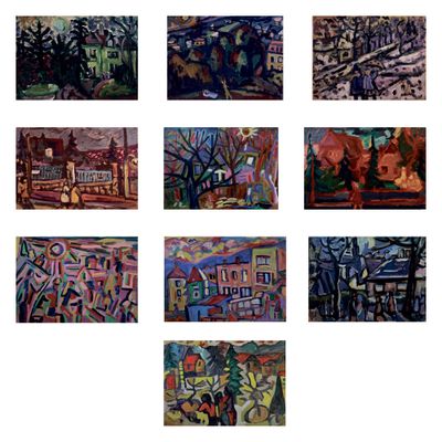 tableau faisant partie d'une série de neuf tableaux représentant une ville très arborée