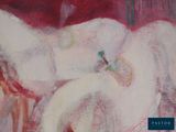 a painting of a white horse with a red background