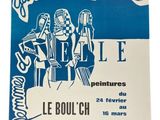 a blue and white poster with a picture of a group of people