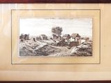 framed picture of a village scene with a horse drawn by a man