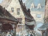 a painting of a street scene with people walking down the street