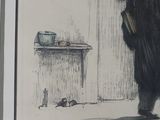 drawing of a man in a black coat and a cat in a room