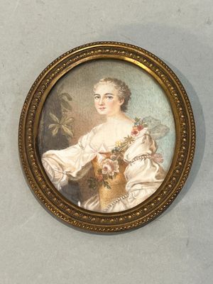 tableau représentant une femme en robe blanche tenant un panier de fleurs