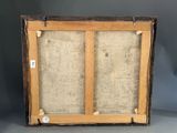 an old wooden frame with a painting on it on a gray surface