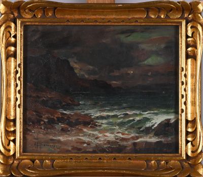 an oil painting of a rocky coast with waves crashing in the foreground