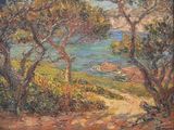 an oil painting of a path leading to a body of water surrounded by trees