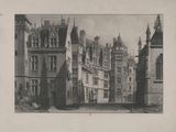 une photo en noir et blanc d'un château avec une tour horloge