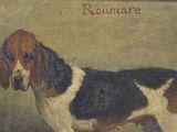 painting of a brown and white dog standing in front of a wall