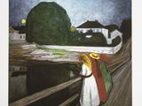 un tableau représentant une femme et un enfant marchant sur un pont