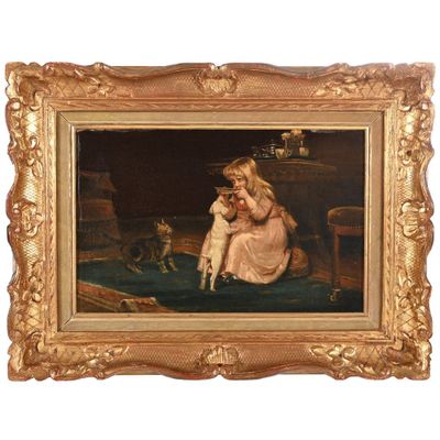 une image représentant un tableau où figurent une femme et un chien