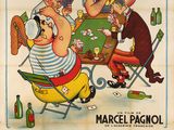 une vieille affiche de cinéma représentant un homme en train de jouer aux cartes avec un groupe d'hommes