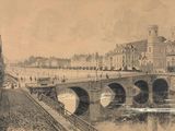 a drawing of a bridge over a river in a city
