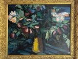 une peinture de fleurs dans un vase sur une table