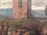 an old painting of a castle on a hill with people and horses