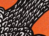 painting of a bird on an orange background with a black and white pattern